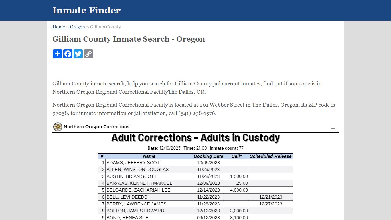 Gilliam County Inmate Search - Oregon